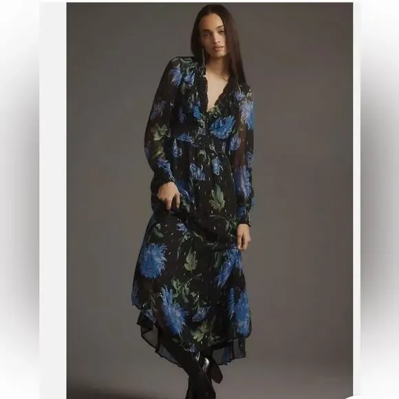 By Anthropologie size M The Odetta Ruffled V-Neck Midi Dress - Picture 2 of 6